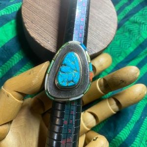 Amazing Sterling Silver, Turquoise and inlaid coral, mother of pearl ring